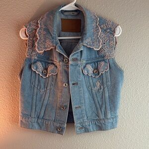 Pack Rabanne Embroidered Denim Vest with Embroidered Pink Lace Detail